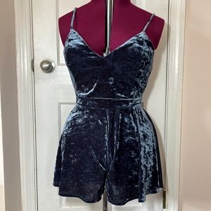 Anthropologie Maronie Romper Blue Crushed Velvet Romper Size Large
